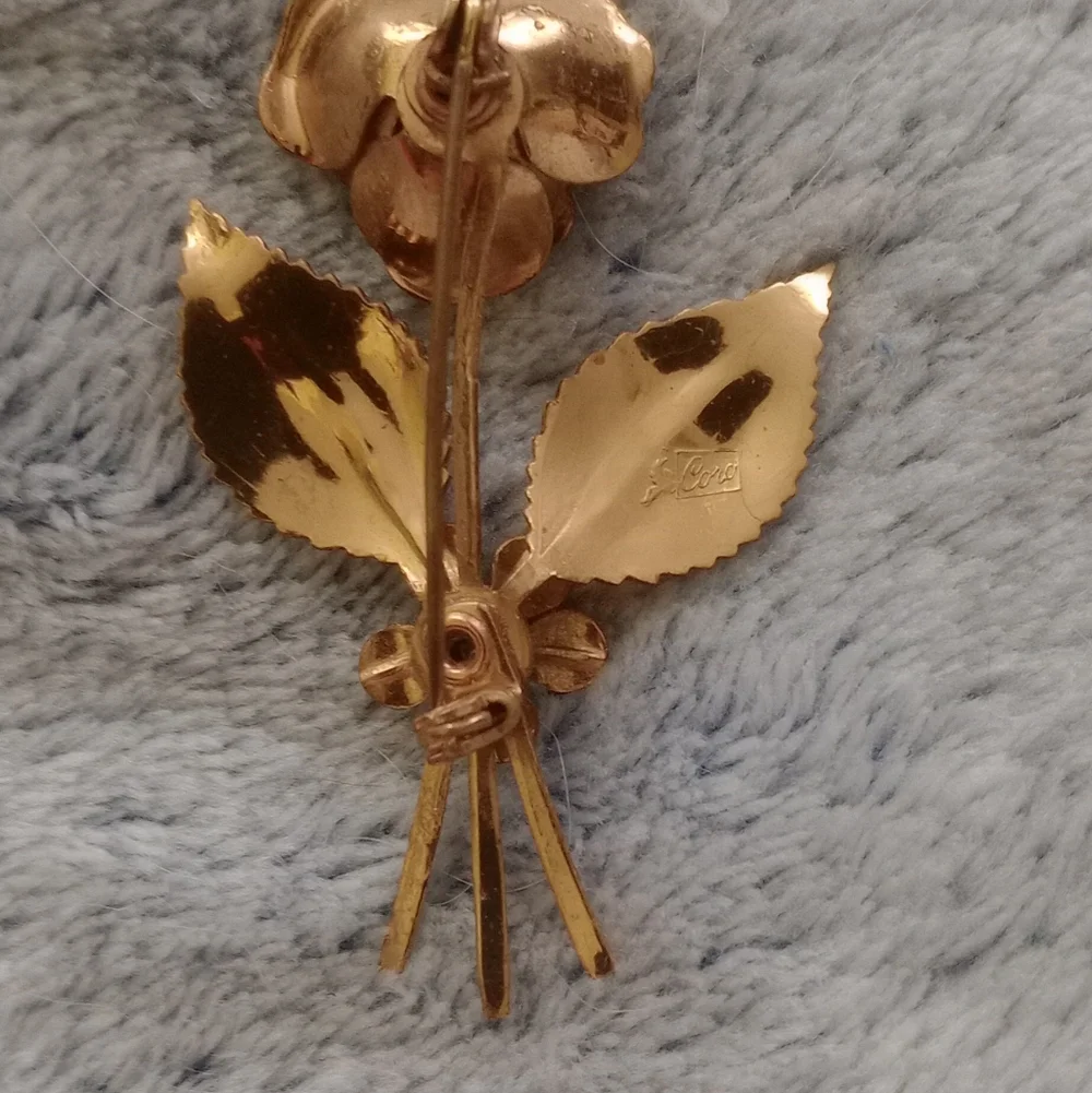 Vintage Coro Gold-Tone Rose Brooch | Signed Floral Pin with Textured Leaves